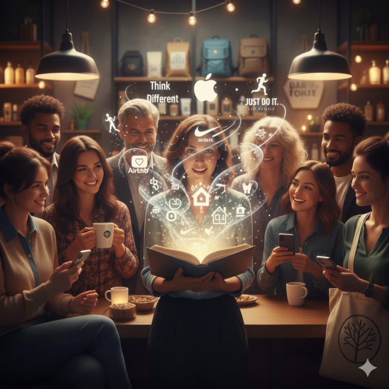 group of people in a modern, warm cafe setting looking at a woman who is sharing a story