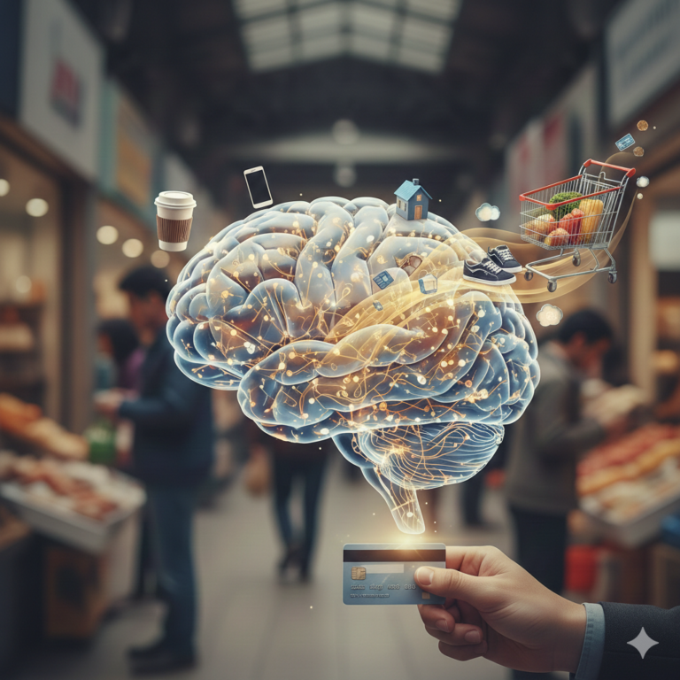 A glowing human brain visualized in a marketplace, surrounded by shopping symbols like a credit card, coffee cup, smartphone, and shopping cart, illustrating the psychology behind consumer purchasing decisions.